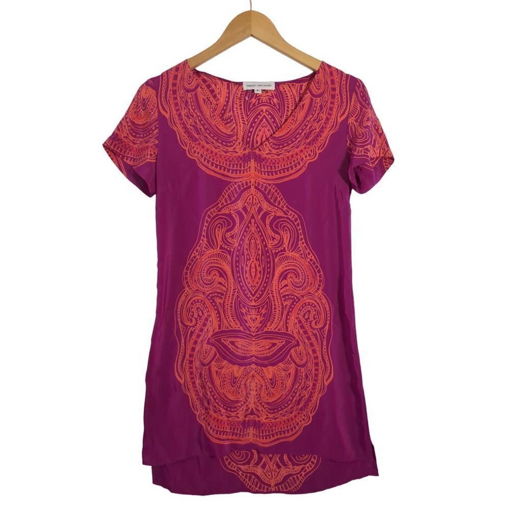 Amanda Uprichard Silk Dress Womens Petite Magenta Orange Short Sleeve Pullover